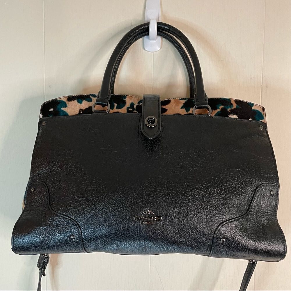 Coach Mercer Calfhair Satchel 38357 Black Scattered Leaf - Picture 7 of 12